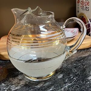 MCM Elegant Vintage Glass Pitcher with Gold Stripes 8" Tall